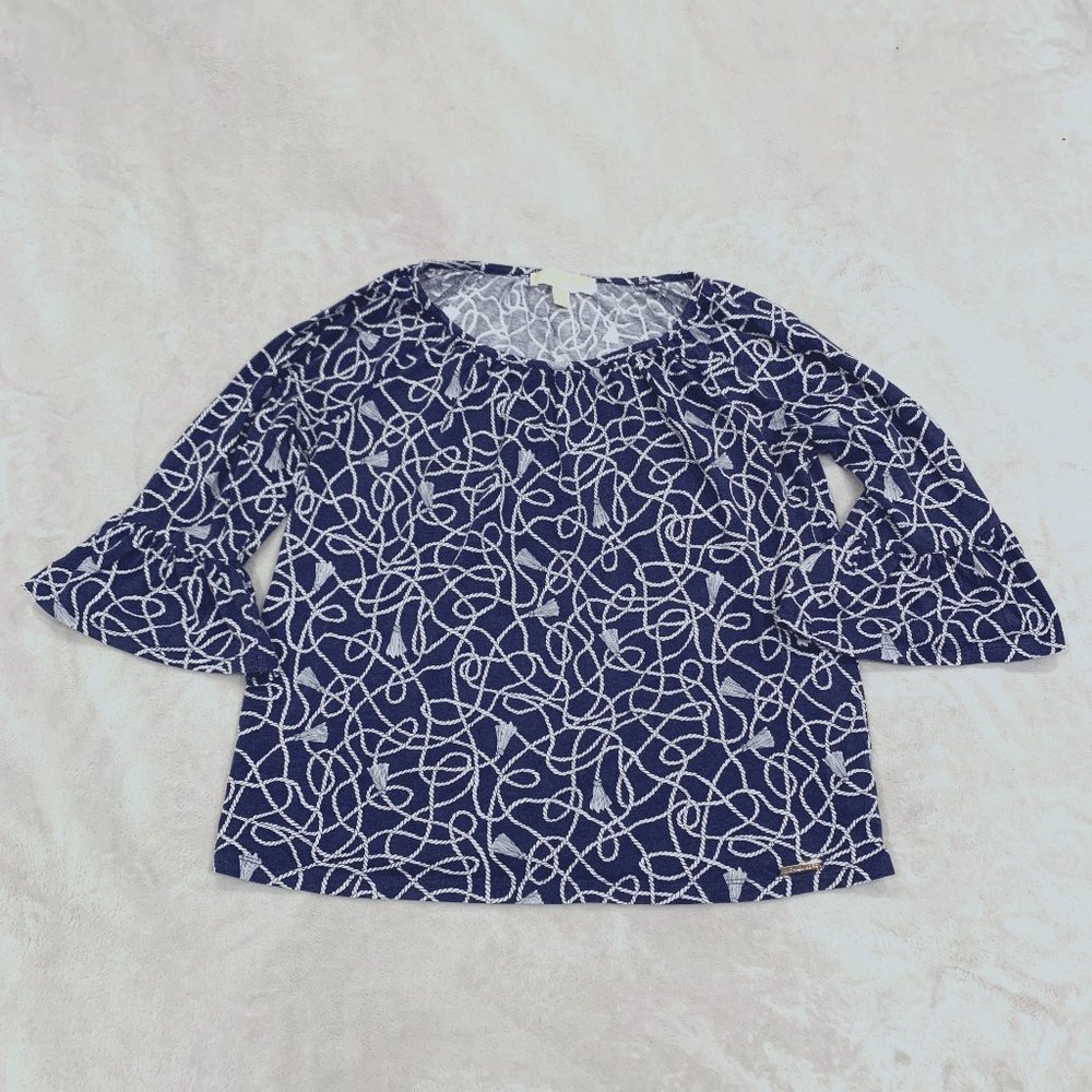 Michael Kors Size S Navy Blue and White Tassel Bell Sleeved Blouse